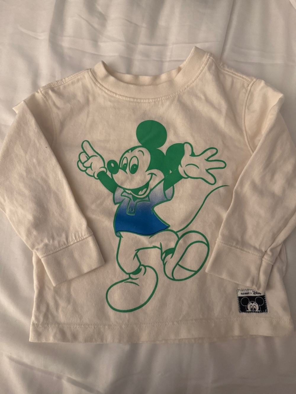Disney Cream Long Sleeve Tee with Green and Blue Mickey Graphic